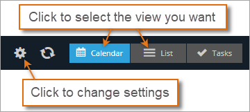 The buttons at the top right of the Diary screen, with notes to click the cog icon (Change calendar settings) to change settings, and to click the Calendar or List buttons to select the view you want. There is also a Tasks view.
