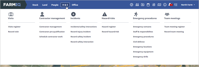 The Health and safety menu, open in the navigation bar. Options are arranged under Visits, Contractor management, Incidents, Hazards/risks, Emergency procedures, and Team meetings