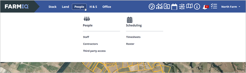 The People menu, on the left side of the navigation bar, open. It show a submenu called People (with options Staff, Contractors, and Third party access) and Scheduling (with Timesheets and Roster)