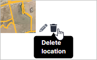beside the mini map for the location in the task creation window, an edit pencil and a dustbin button. The cursor overs over the dustbin, which displays a 'Delete location' label.